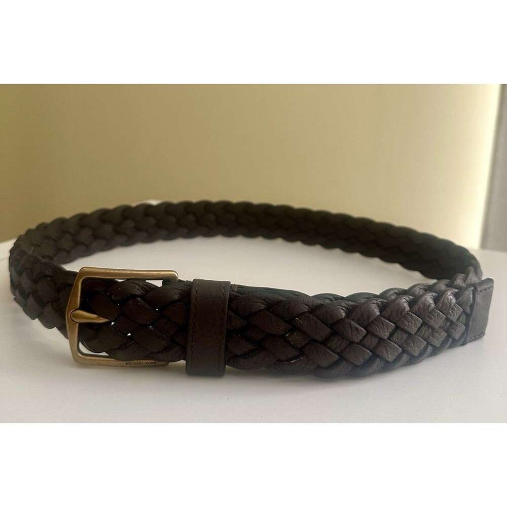 Michael Kors Belt Brown Leath Braided Woven Solid Brass Buckle Size 38” X 1.25”